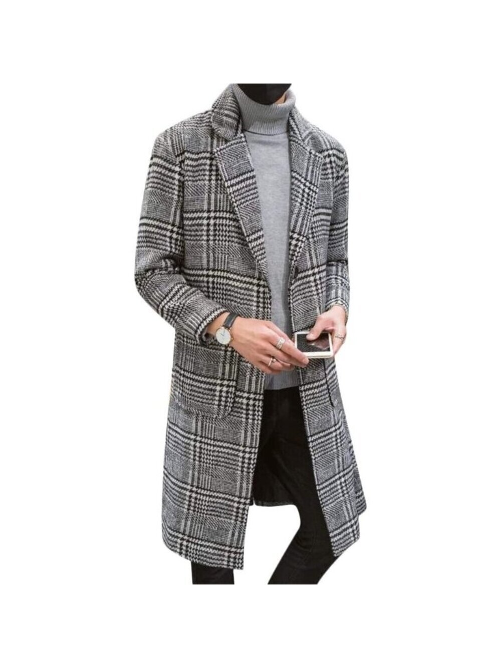 Men Black&White Wool Blend Pea Coat Collar Single Breasted Overcoat Trench Coat